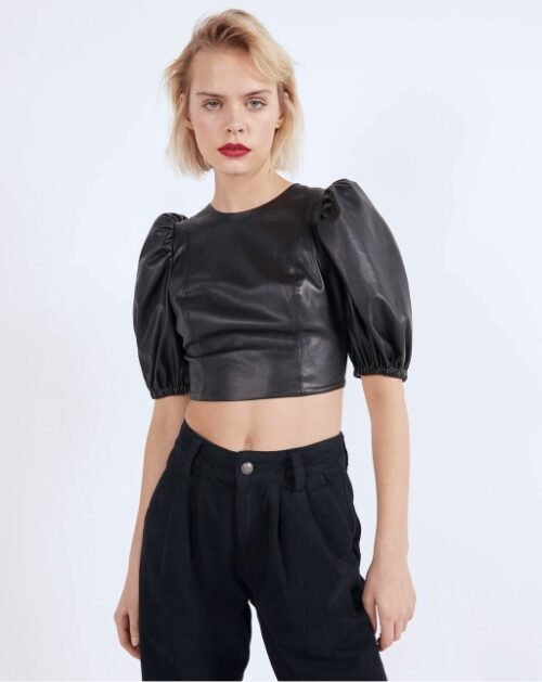 product-6-1 Faux leather blouse with voluminous sleeves