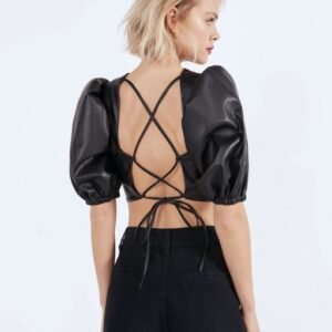 product-6-2 Faux leather blouse with voluminous sleeves